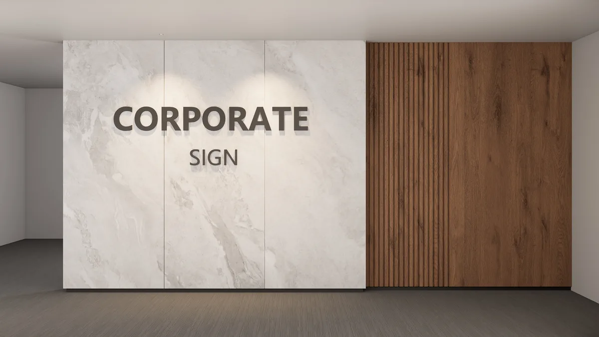 Commercial identity wall concept with stone-look panel on the left and timber-look battens on the right