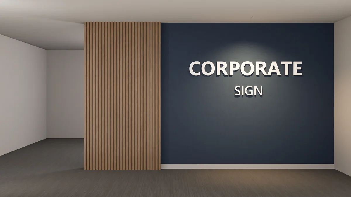 Commercial identity wall concept with timber-look battens on the left and a dark blue feature panel on the right