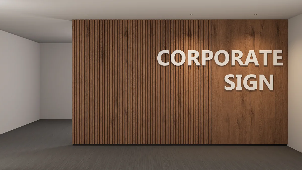 Commercial identity wall concept with a full timber-look batten wall and logo feature