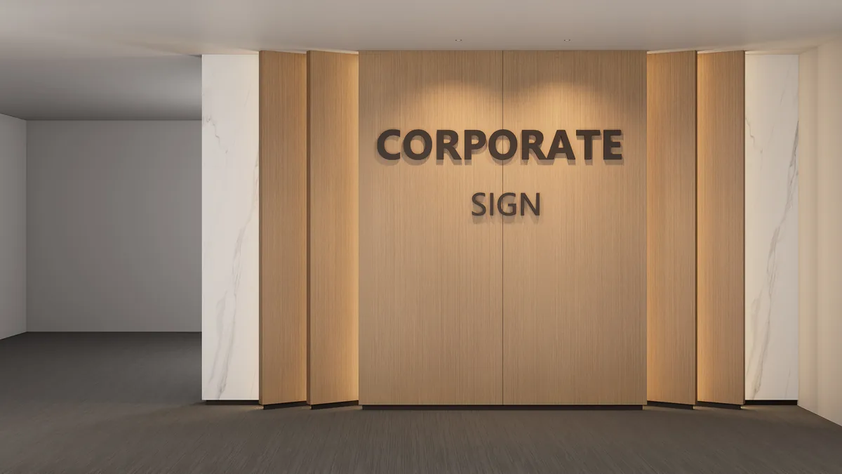 Commercial identity wall concept with light timber-look centre wall, vertical lighting and stone-look side panels
