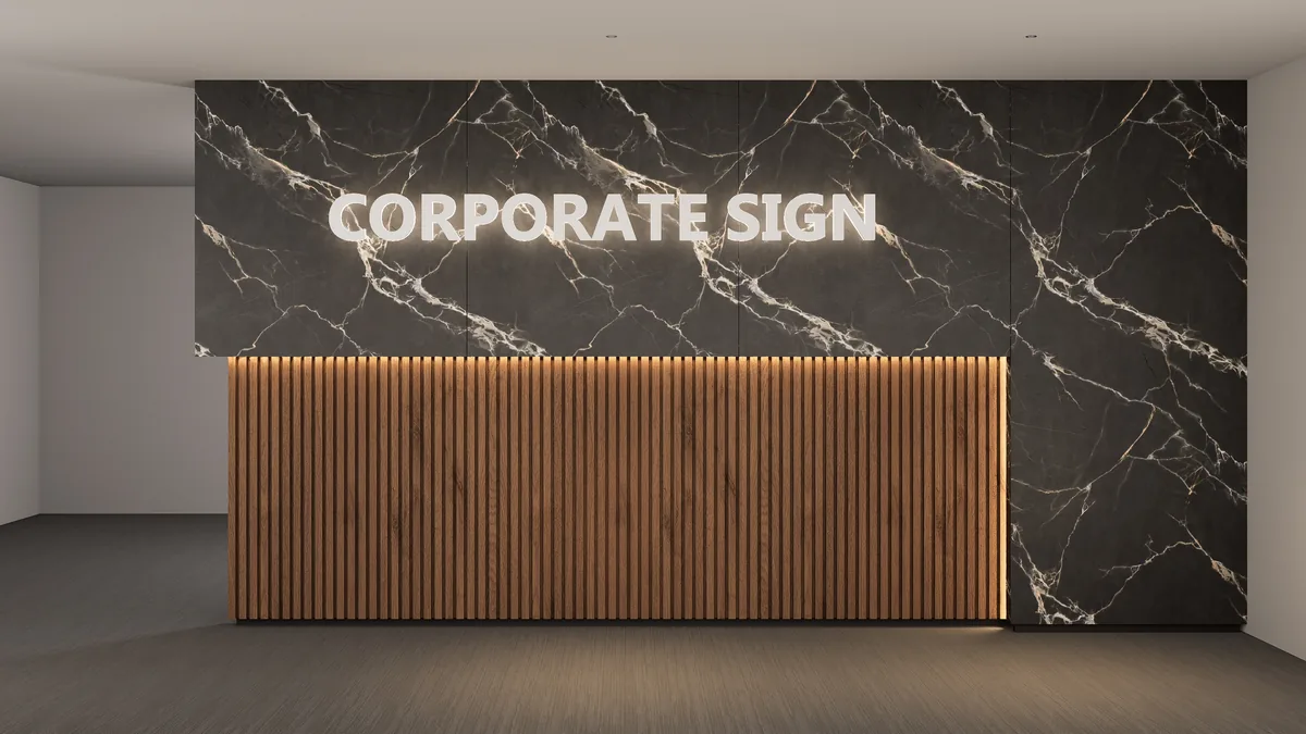 Commercial identity wall concept with dark stone-look upper wall and timber-look batten lower wall