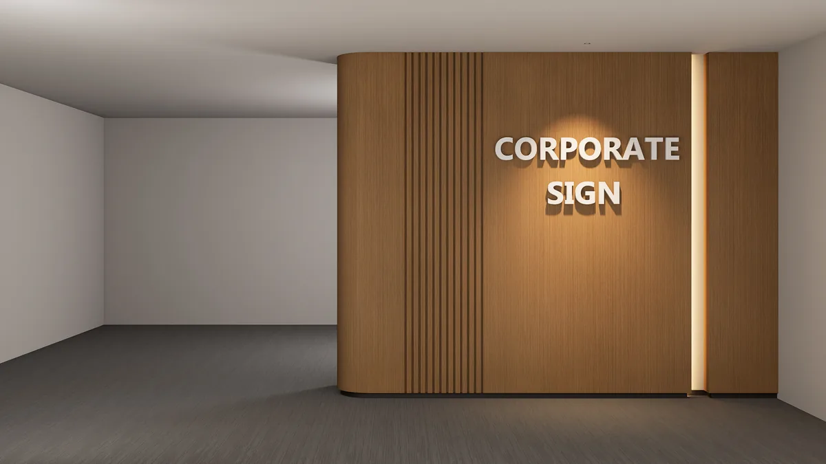Commercial identity wall concept with a curved timber-look entrance wall and vertical light strip