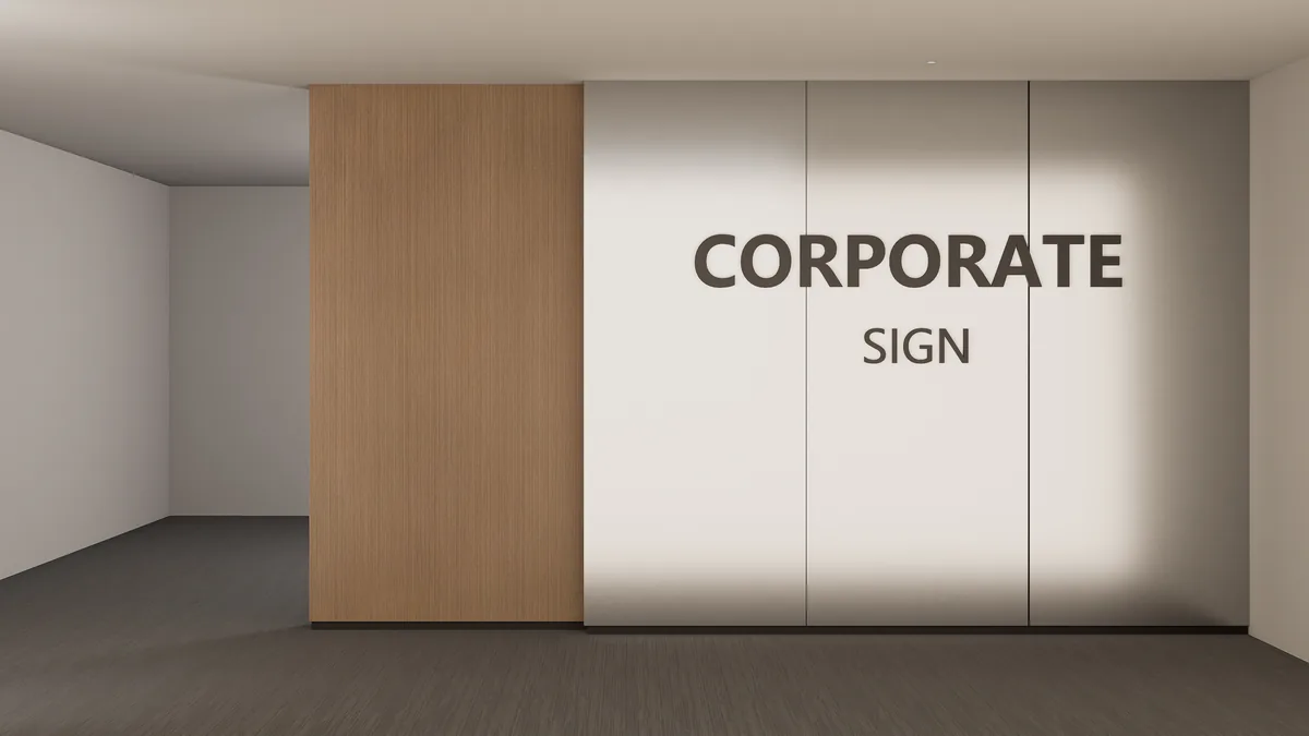 Commercial identity wall concept with a minimal grey panel wall, timber-look block and metal-look fast-install panel