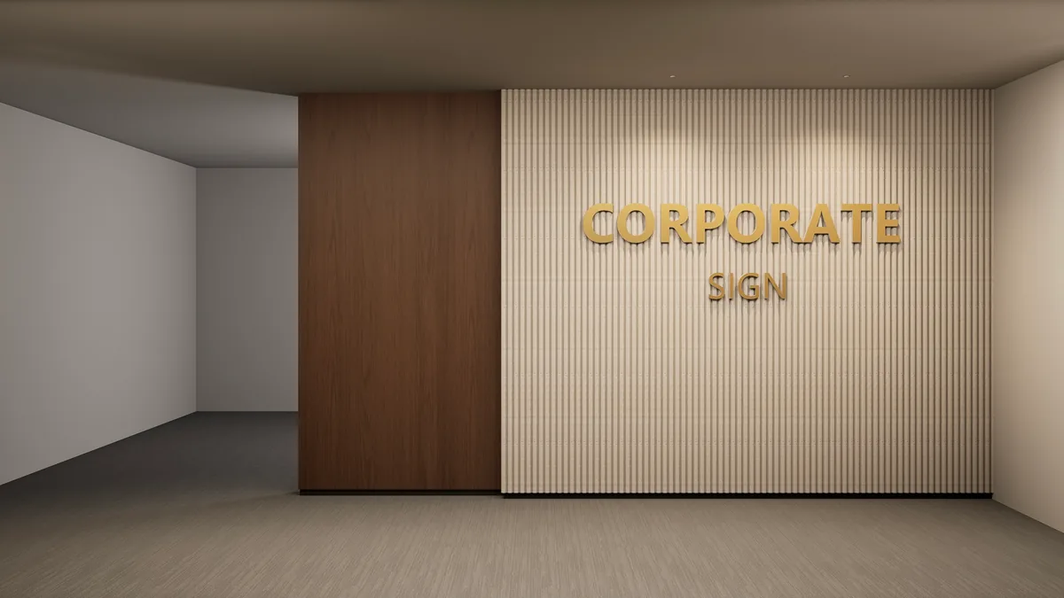 Commercial identity wall concept with ribbed stone-look texture, timber-look paneling and dimensional signage
